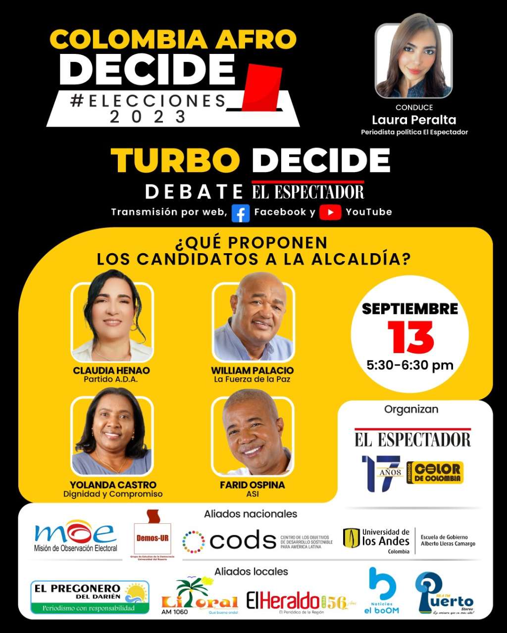 Este miércoles 13, de 5:30 a 6:30 pm por YouTube, Facebook y portal web de El Espectador, debaten los candidatos a la Alcaldía de Turbo.
