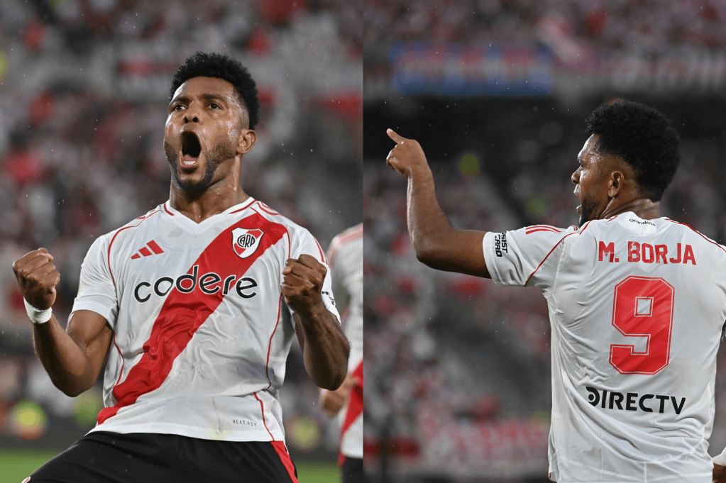 Miguel Ángel Borja celebra su nuevo tanto con River Plate.