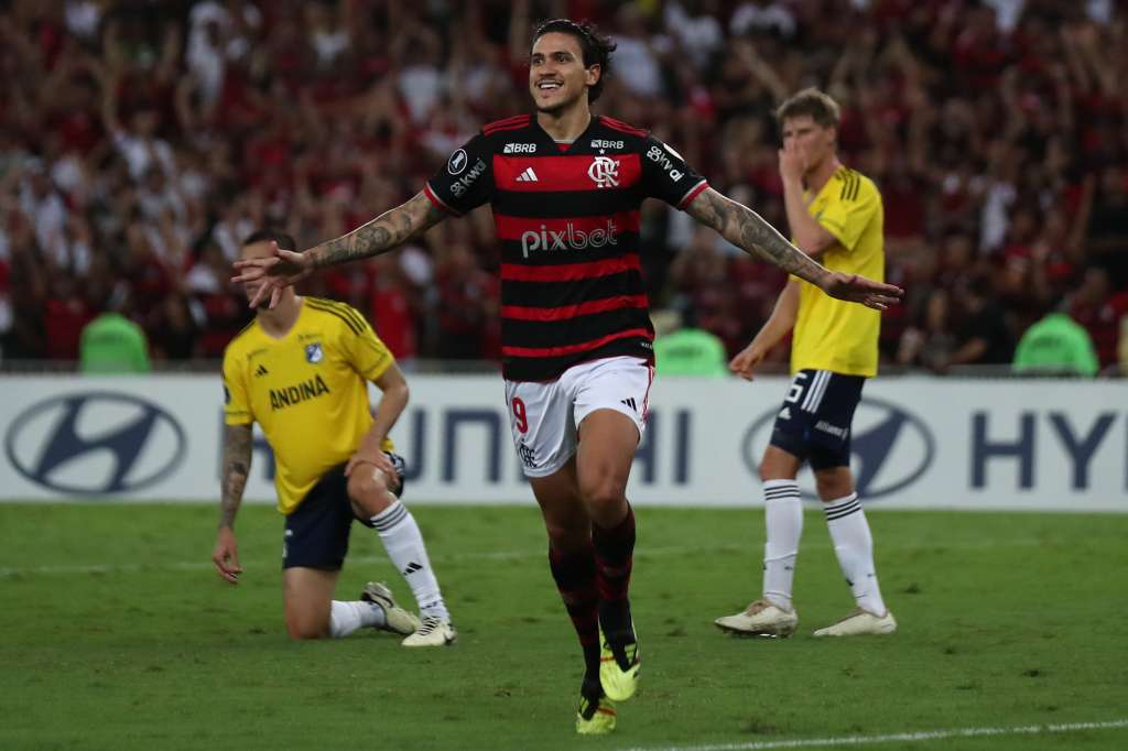 AMDEP2410. RÍO DE JANEIRO (BRASIL), 28/05/2024.- Pedro de Flamengo celebra un gol este martes, en un partido de la fase de grupos de la Copa Libertadores entre Flamengo y Millonarios en el estadio Maracaná en Río de Janeiro (Brasil). EFE/ Andre Coelho