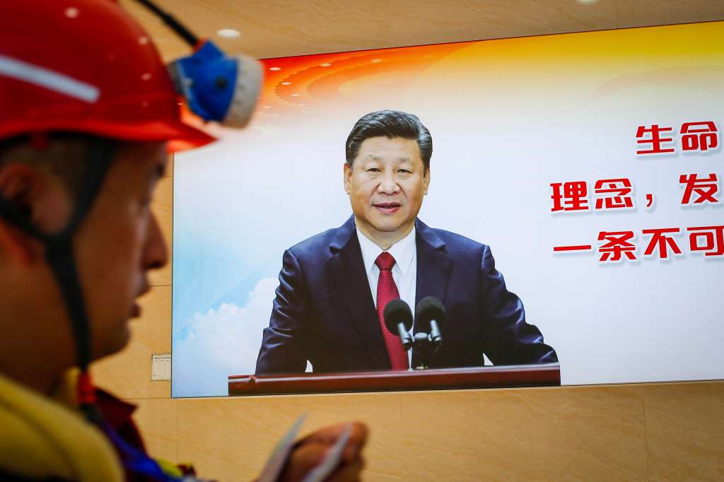 Heze (China), 19/07/2023.- An image of Chinese President Xi Jinping is displayed during an organized media tour at the Lilou Coal Mine in Heze, Shandong province, China, 19 July 2023. Members of the press visited the Lilou Coal Mine to view the first commercial application of artificial intelligence (AI) for the mining industry called the Pangu Mine Model. The AI model is capable of visual recognition capabilities, analyzing the quality of stress relief drilling, and can assist in rock burst prevention personnel in quality verification, reducing the review workload by 82 percent, shortening the check to 10 minutes from three days with 100 percent acceptance rate. EFE/EPA/MARK R. CRISTINO