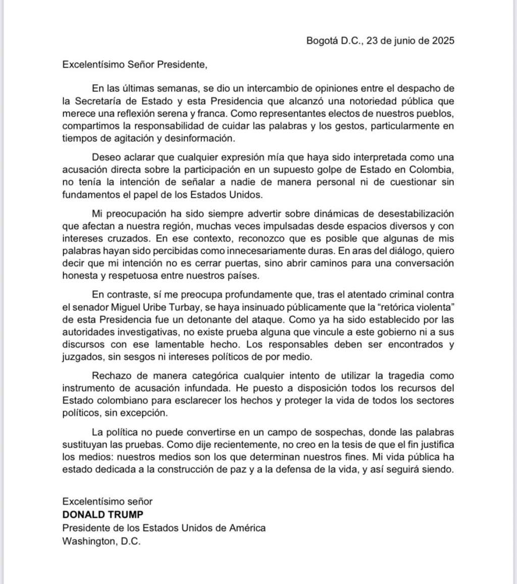 Esta es la carta con la que Petro quiso bajarle el tono a la puja con Trump.