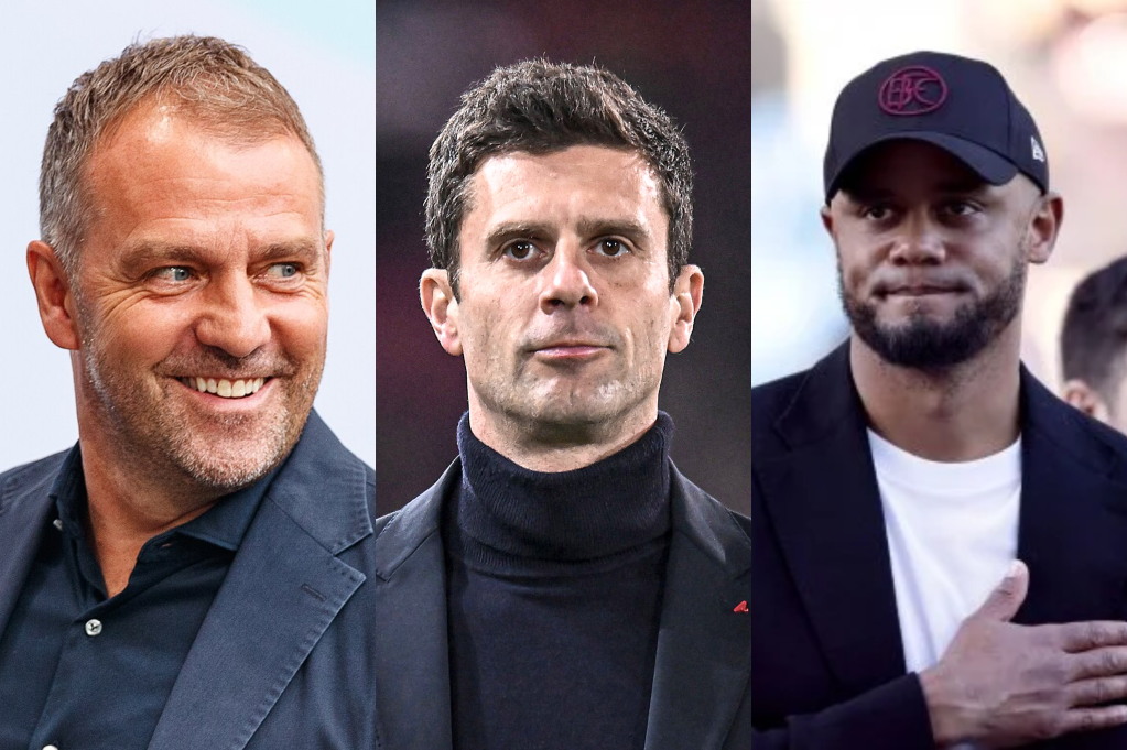 De izquierda a derecha: Hansi Flick, exentrenador de Bayern Múnich, llegaría a Barcelona; Thiago Motta, actual DT del Bologna, firmaría con Juventus, y Vincent Kompany, estratega del Burnley, sería el nuevo director técnico de Bayern Múnich.