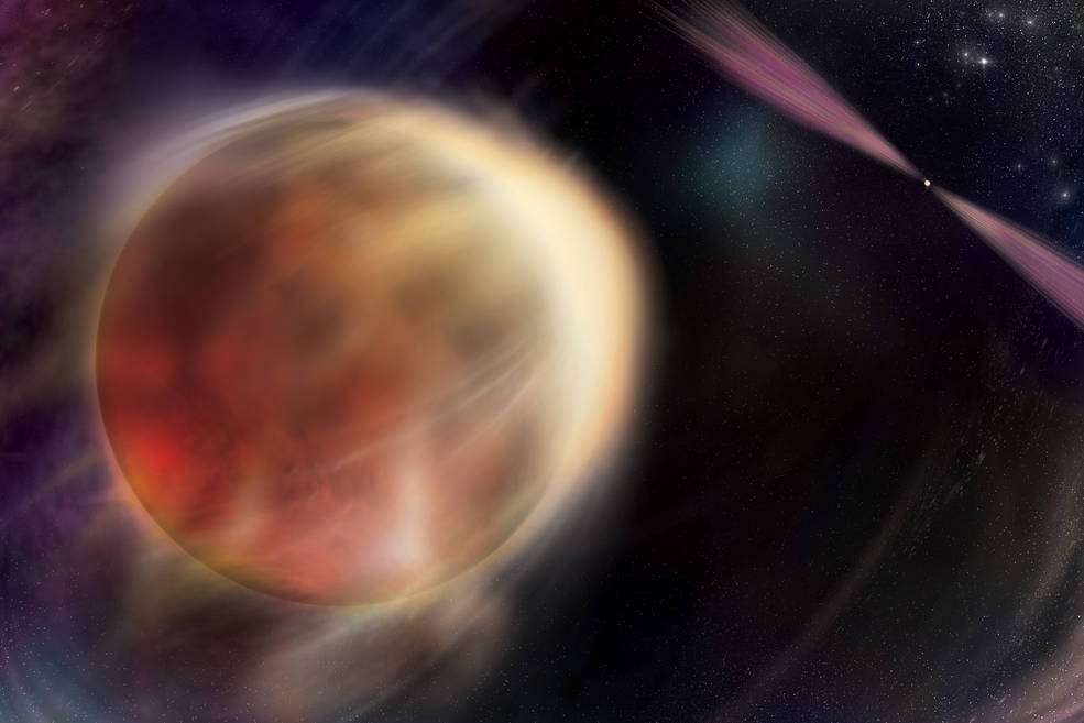 En esta ilustración, una estrella en órbita empieza a eclipsar a su compañera, un remanente estelar superdenso de rotación rápida llamado púlsar. El púlsar emite haces de luz de múltiples longitudes de onda que giran dentro y fuera de la vista y produce flujos de salida que calientan la cara de la estrella, expulsando material y erosionando a su compañera.