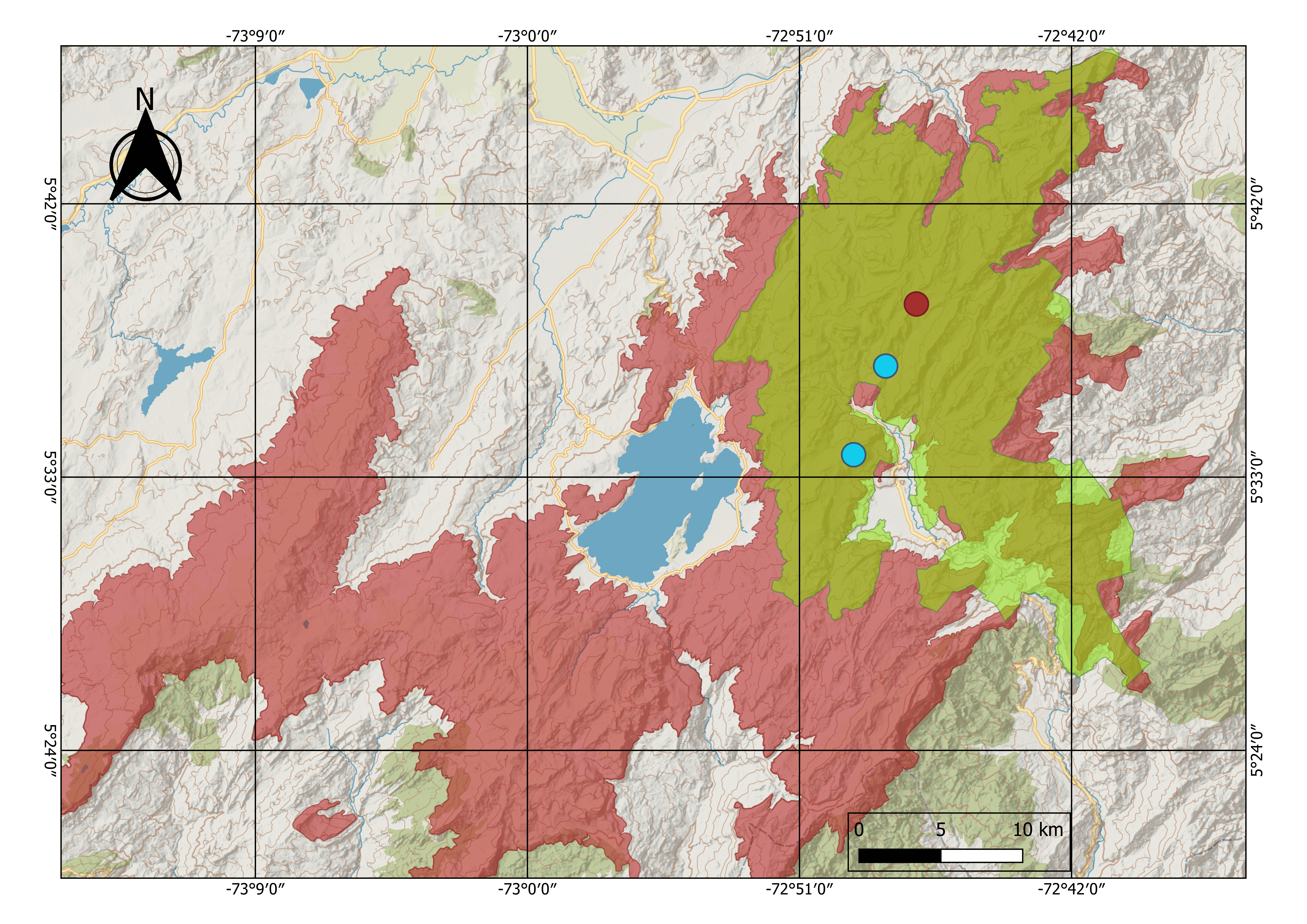 En este mapa del páramo de Siscunsí se aprecian los tres registros que se han tenido de la rana arlequín negra en los últimos 19 años. Los puntos azules muestran los lugares en donde fue encontrada en 2006, mientras que el punto rojo detalla el punto del avistamiento en 2025.