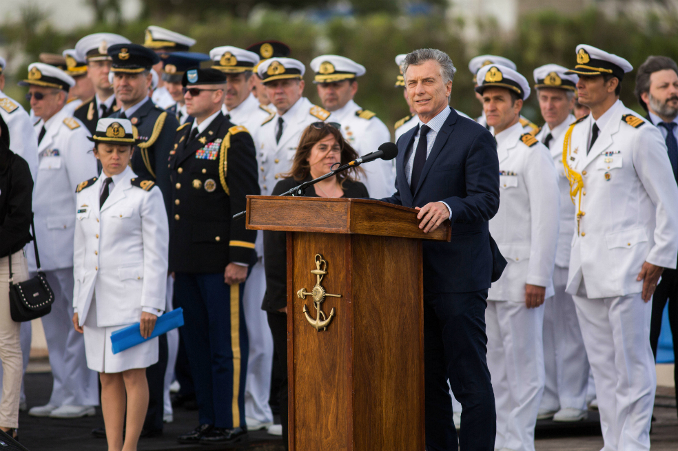 El presidente argentino, Mauricio Macri, durante la conmemoración del aniversario de la pérdida del San Juan. / AFP