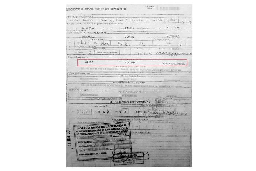 Este es el registro civil de matrimonio de Lisandro Junco, que está en poder de la firma SFM.