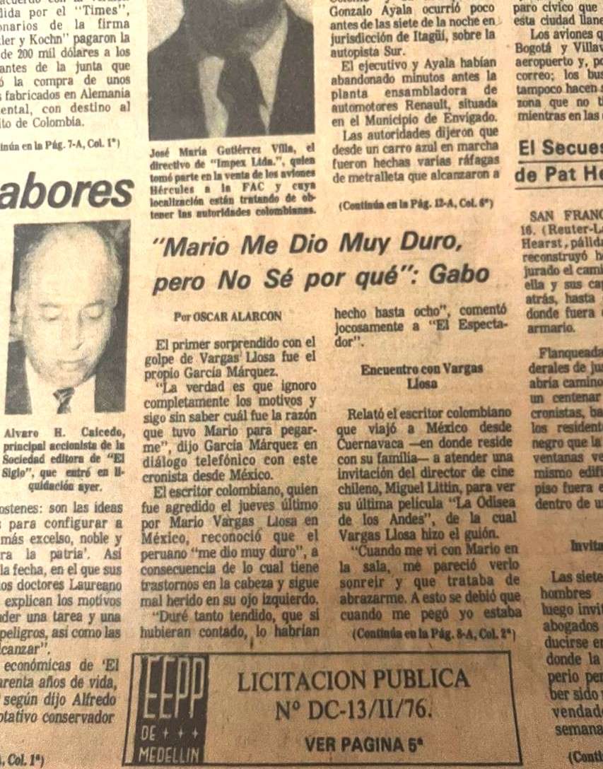 El Espectador del 17 de febrero de 1976, con el testimonio de Gabriel García Márquez sobre el puño de Mario Vargas Llosa.