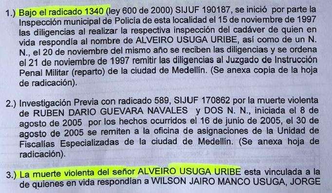 Oficio de la Fiscalía, con fecha del 26 de febrero del 2020, en respuesta a petición de la JEP sobre el caso de Albeiro Úsuga Uribe, en el que se confirma que el caso lo manejó la justicia penal militar desde 1997.