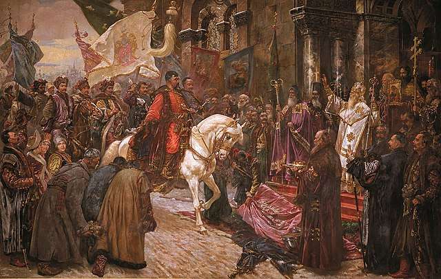 En la imagen Bogdán Jmelnitski entrando a Kiev en 1648, territorio del que se apoderó. Jmelnitski fue el primer Hetman —el segundo mayor comandante militar— durante el Hetmanato cosaco, un antiguo Estado ucraniano. Este hombre se opuso y libró una guerra contra la República de dos Naciones.