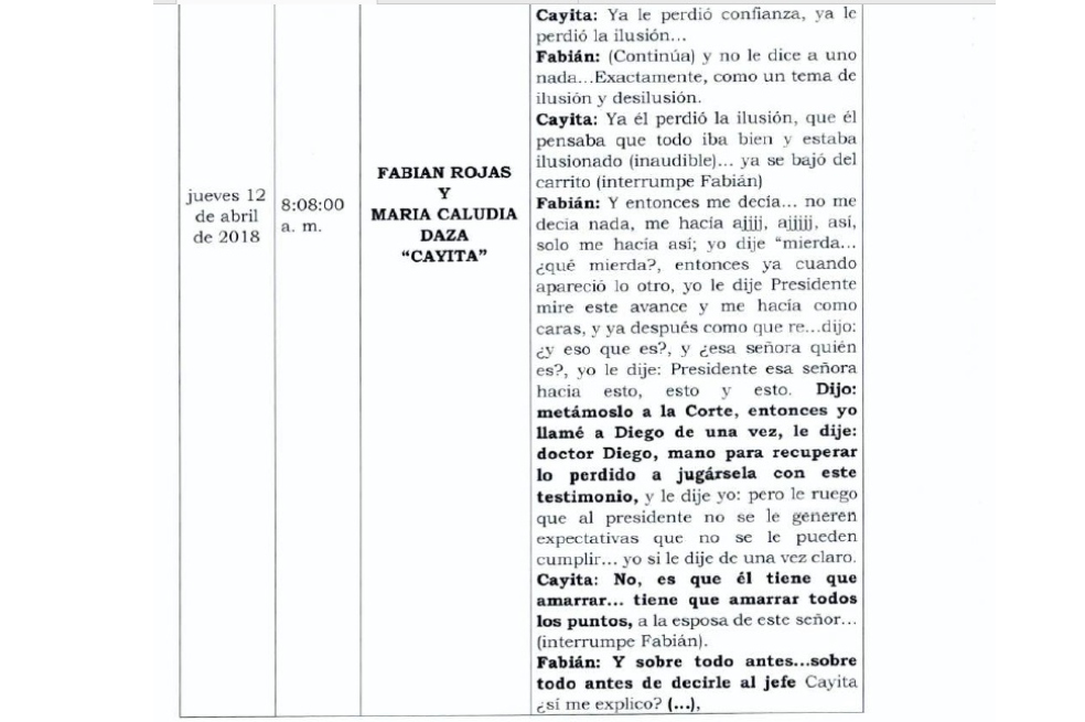 Conversación entre Fabián Rojas y María Claudia Caya Daza sobre el caso Uribe.