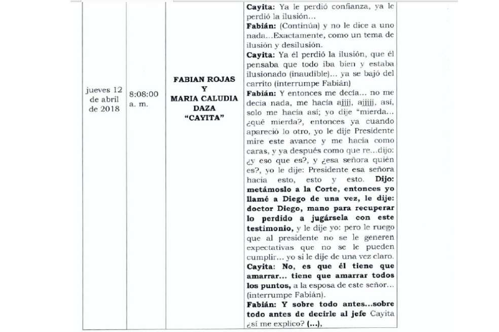 Conversación entre Fabián Rojas y María Claudia Caya Daza sobre el caso Uribe.