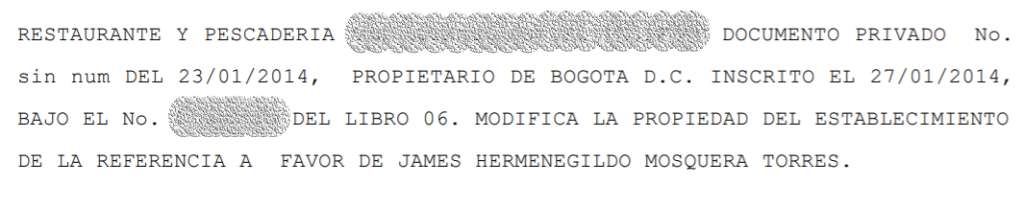 Copia del registro de un restaurante que fue propiedad de James Hermenegildo Mosquera en el centro de Bogotá.