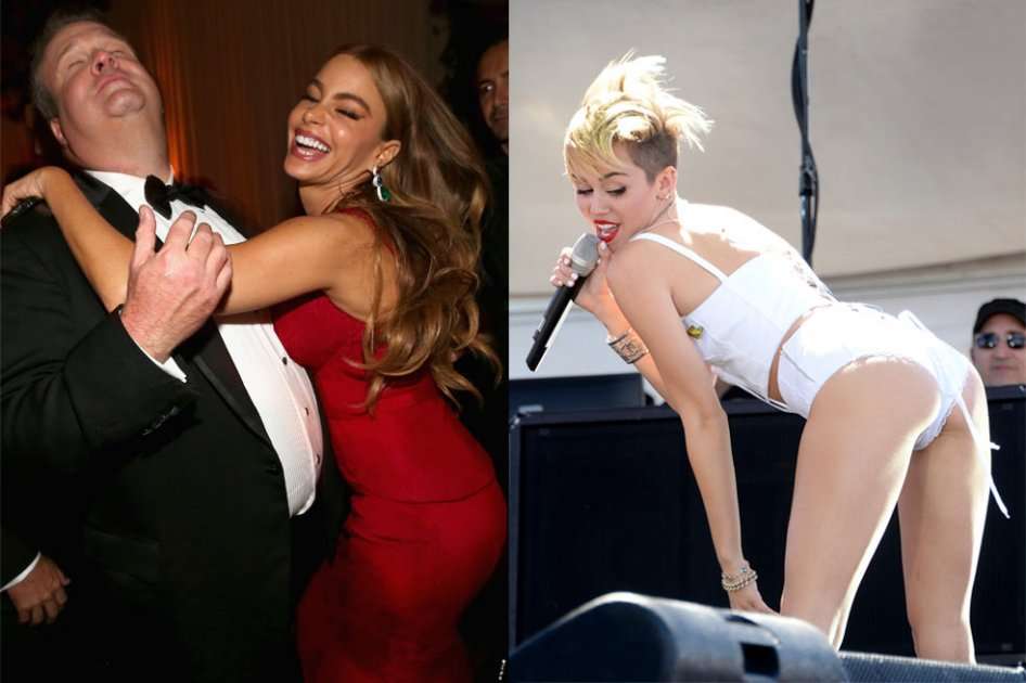 Sofía Vergara y Miley Cyrus bailando el famoso baile prohibido 'twerking'.