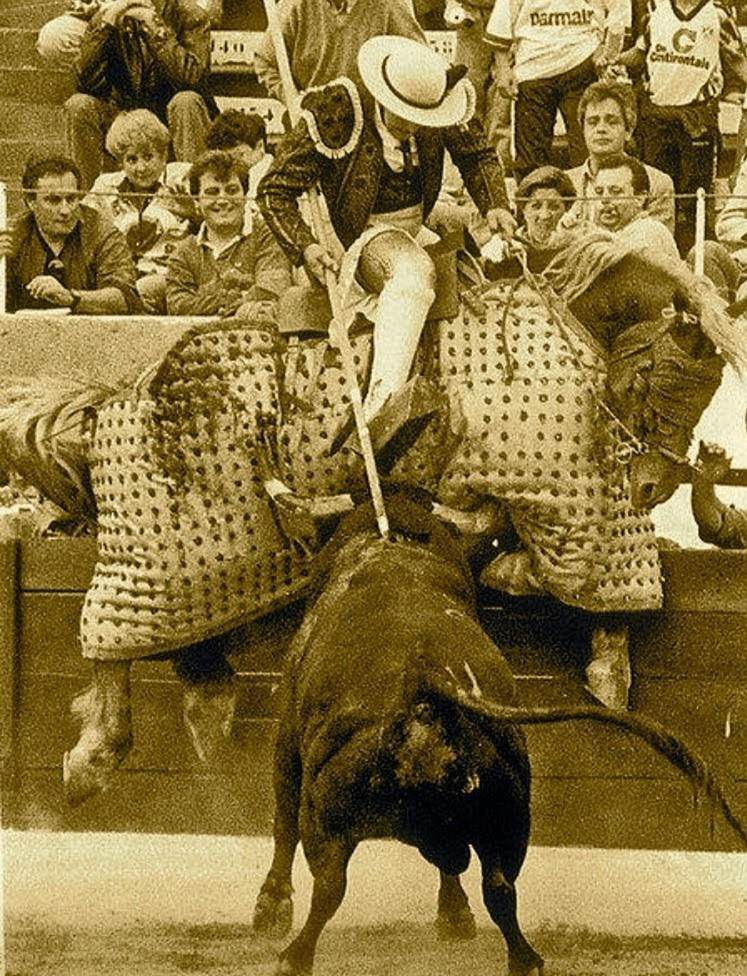 Un poderoso toro de la ganadería española de Dolores Aguirre levanta en vilo al caballo y su picador quien no suelta la vara en el proceso de picar al toro.