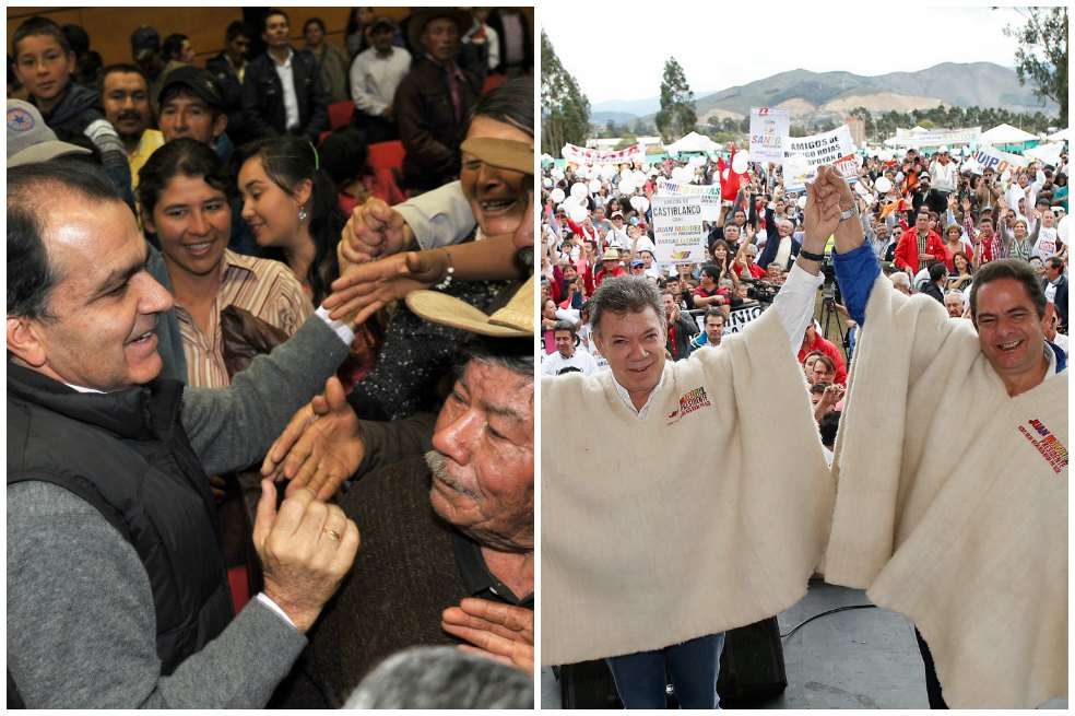 Óscar Iván Zuluaga, candidato del Centro Democrático, ayer en el cierre de su campaña en Tunja (Boyacá). /Cortesía. El presidente-candidato Juan Mnauel Santos con su fórmula vicepresidencial Germán Vargas Lleras, ayer en Tunja. / Cortesía