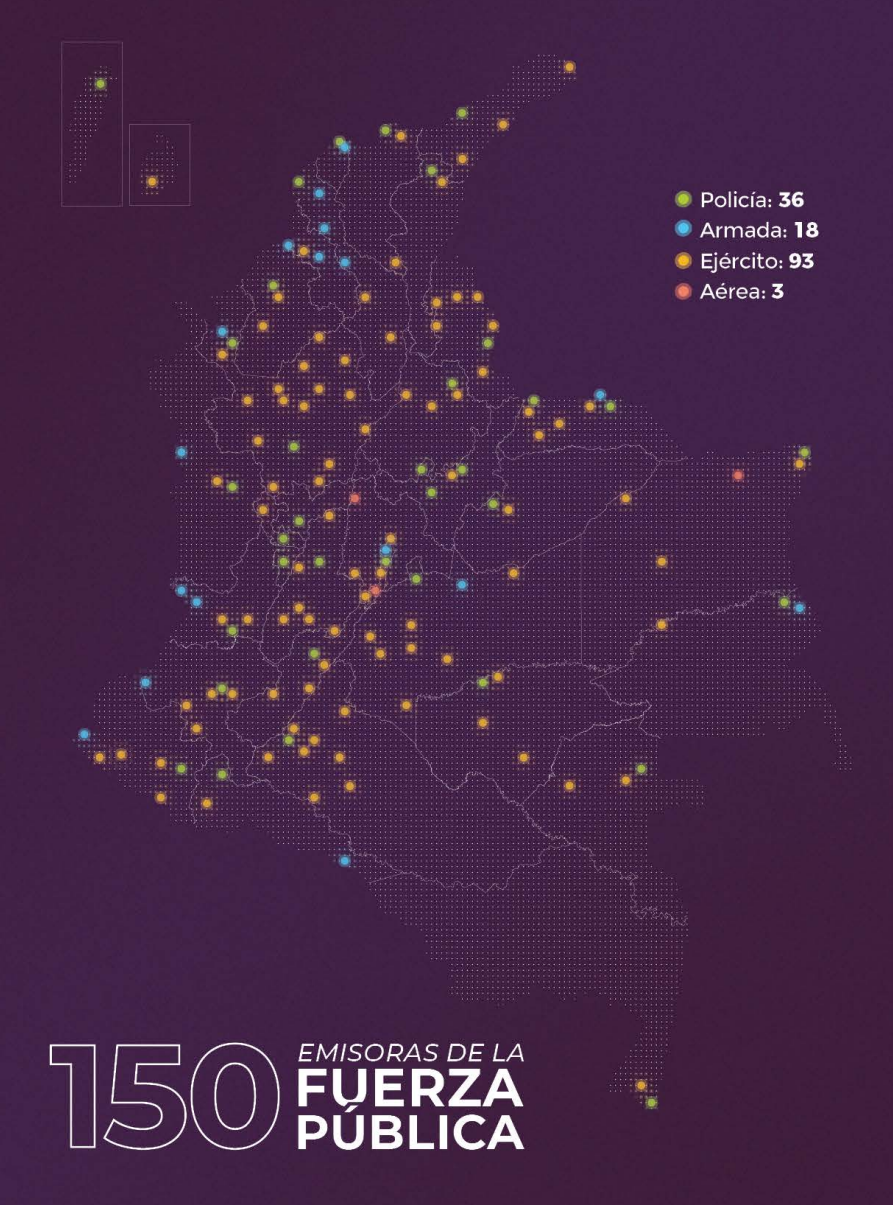 Mapa con la presencia de las emisoras de la Fuerza Pública en toda Colombia.