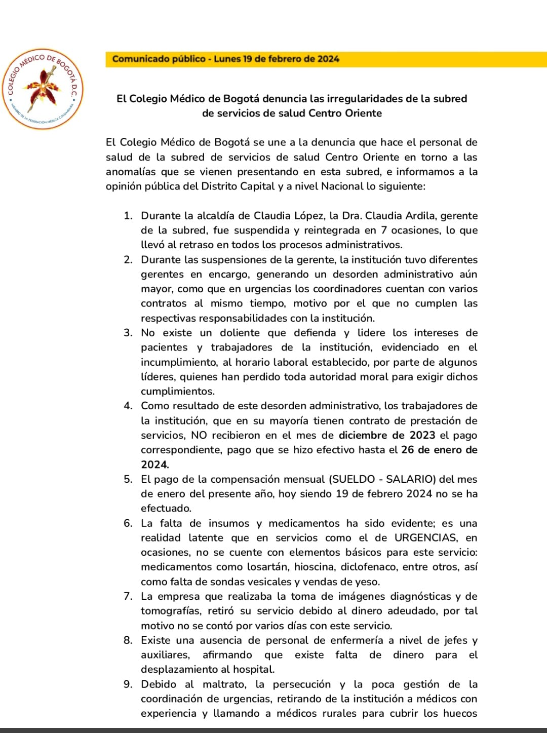 Colegio Médico de Bogotá, comunicado del 19 de febrero de 2024.