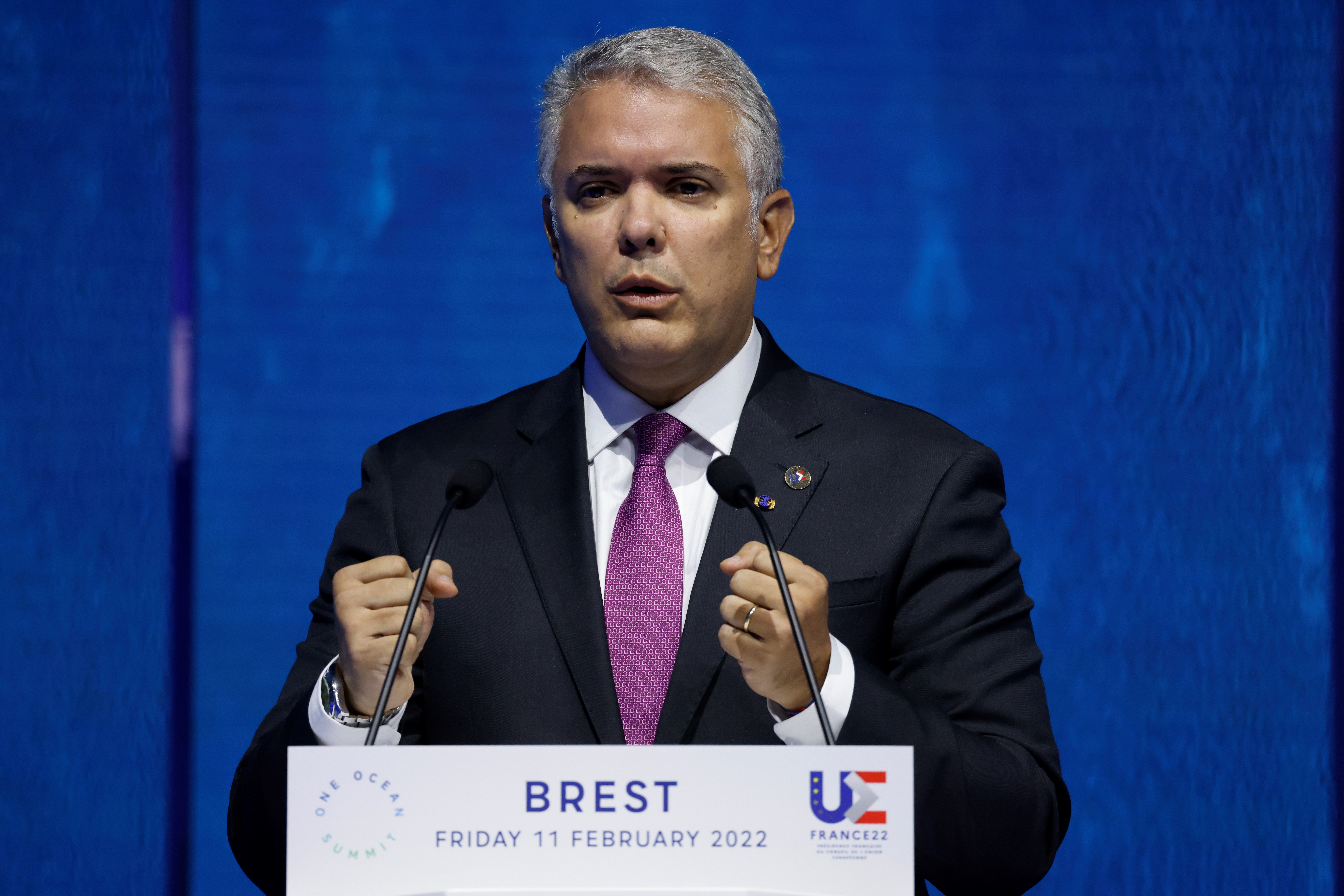 Brest (France), 11/02/2022.- Colombian President Ivan Duque speaks during the High Level Segment session of the One Ocean Summit in Brest, France, 11 February 2022. The session seeks to raise the international community's ambitions to protect sea life, cut plastic pollution and tackle the impact of climate change. (Francia) EFE/EPA/LUDOVIC MARIN / POOL MAXPPP OUT