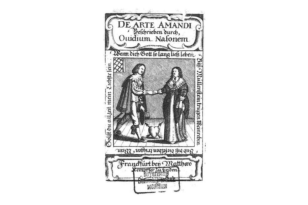 Portada, en blanco y negro, del libro "El arte de amar" del poeta Ovidio Nasón.
