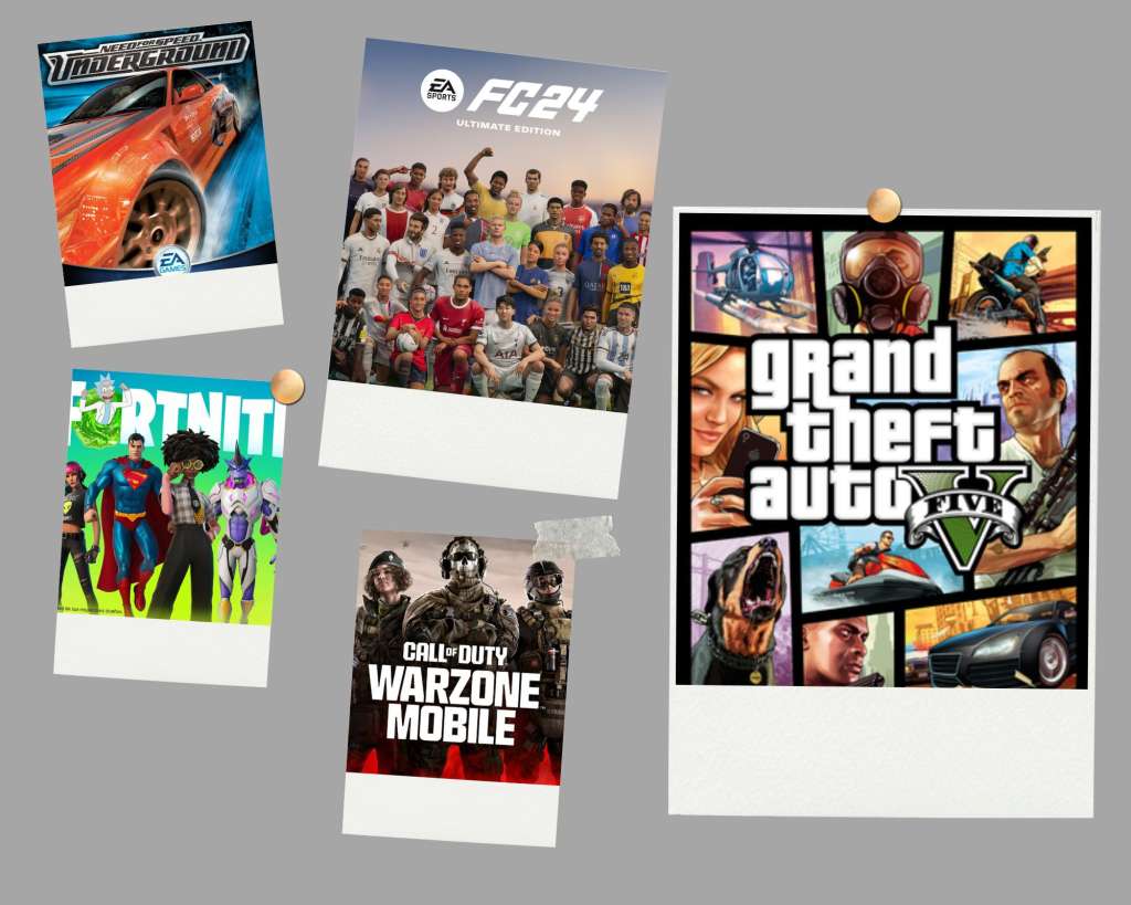 Las portadas de: Need for Speed (carros), EA Sports FC 24 (deportes), Fortnite (Battle Royal), Call of Duty (disparos) y GTA V (mundo abierto).