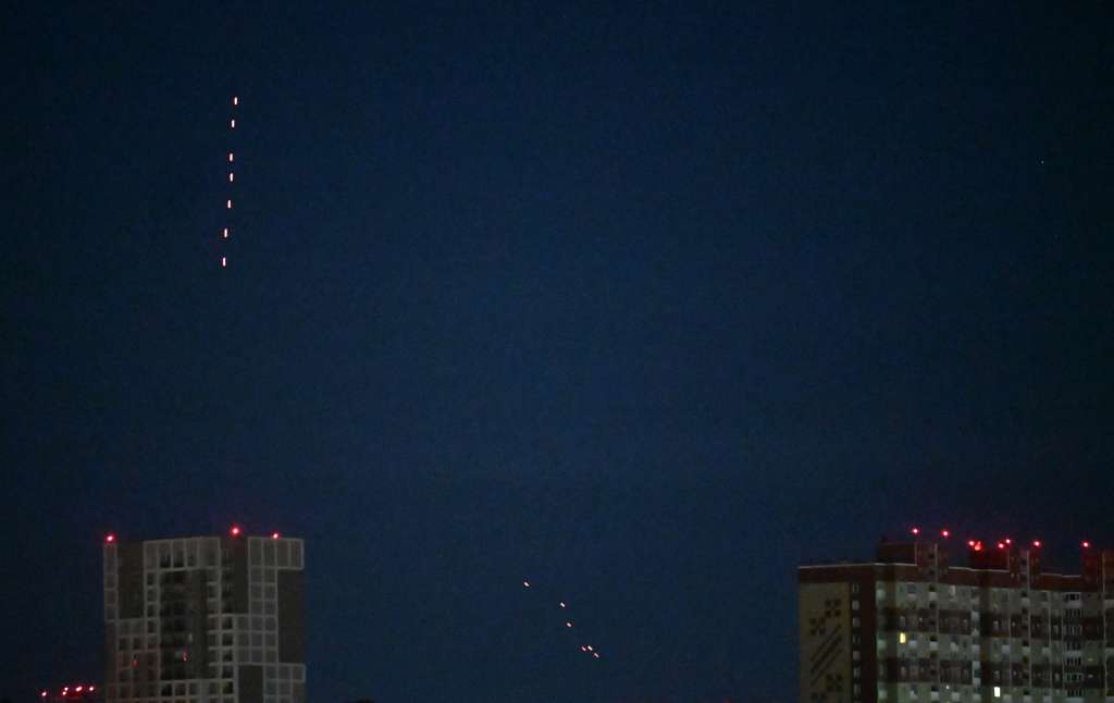The Ukrainian air defence fires at Russian drones during a night mass drone and missile strikes on Ukraine on September 3, 2025, amid the Russian invasion of Ukraine. (Photo by Sergei SUPINSKY / AFP)