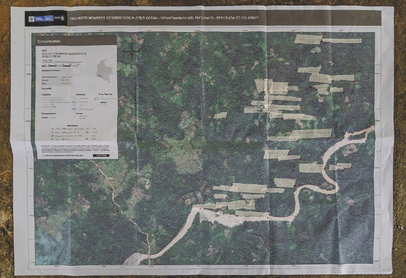 Este mapa fue elaborado con el pueblo Cofán, del Valle del Guamuez, en la frontera con Ecuador, en Putumayo. / Luis Cano Bueno – Amazon Conservation Team