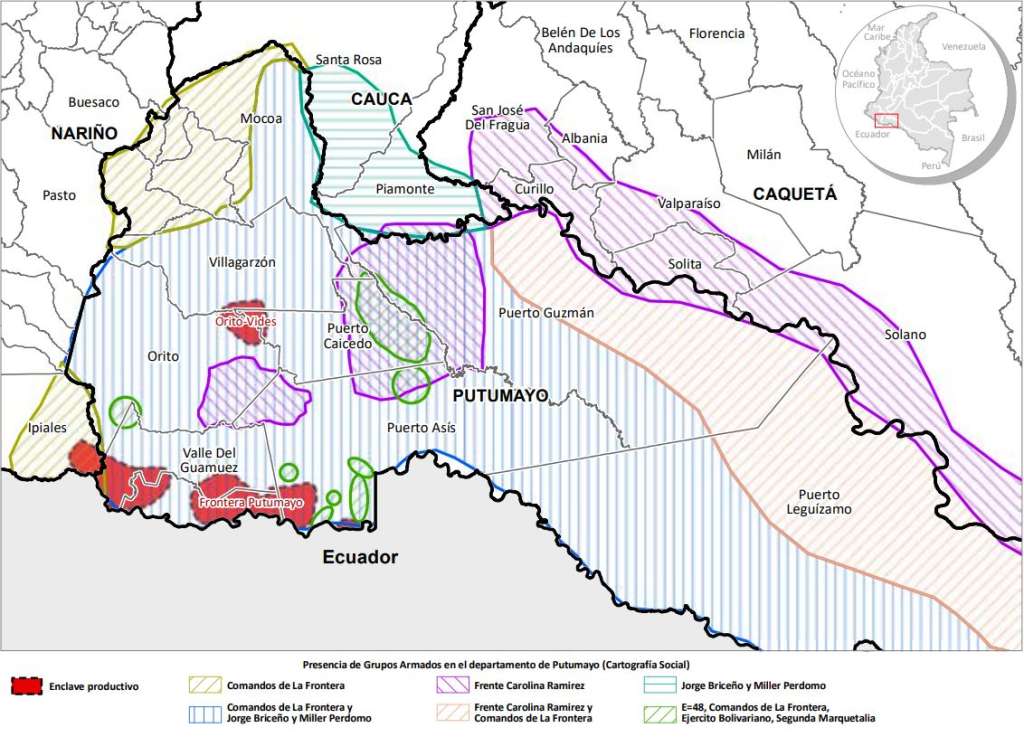En rojo, los enclaves productivos de cocaína advertidos por la UNODC. Los demás colores representan las zonas de influencia de las disidencias de las FARC y los denominados Comandos de la Frontera.