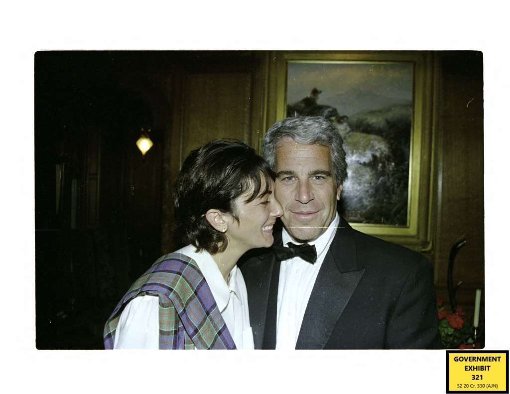 (FILES) This undated trial evidence image obtained December 8, 2021, from the US District Court for the Southern District of New York shows British socialite Ghislaine Maxwell and US financier Jeffrey Epstein.