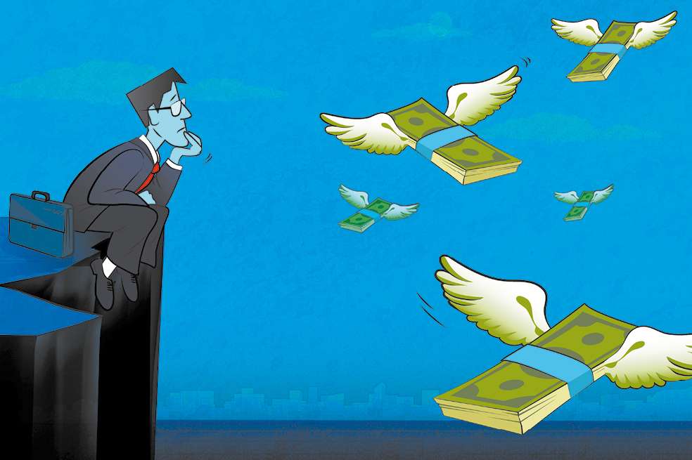 Ilustración que muestra billetes volando lejos de una persona sentada en un acantilado.