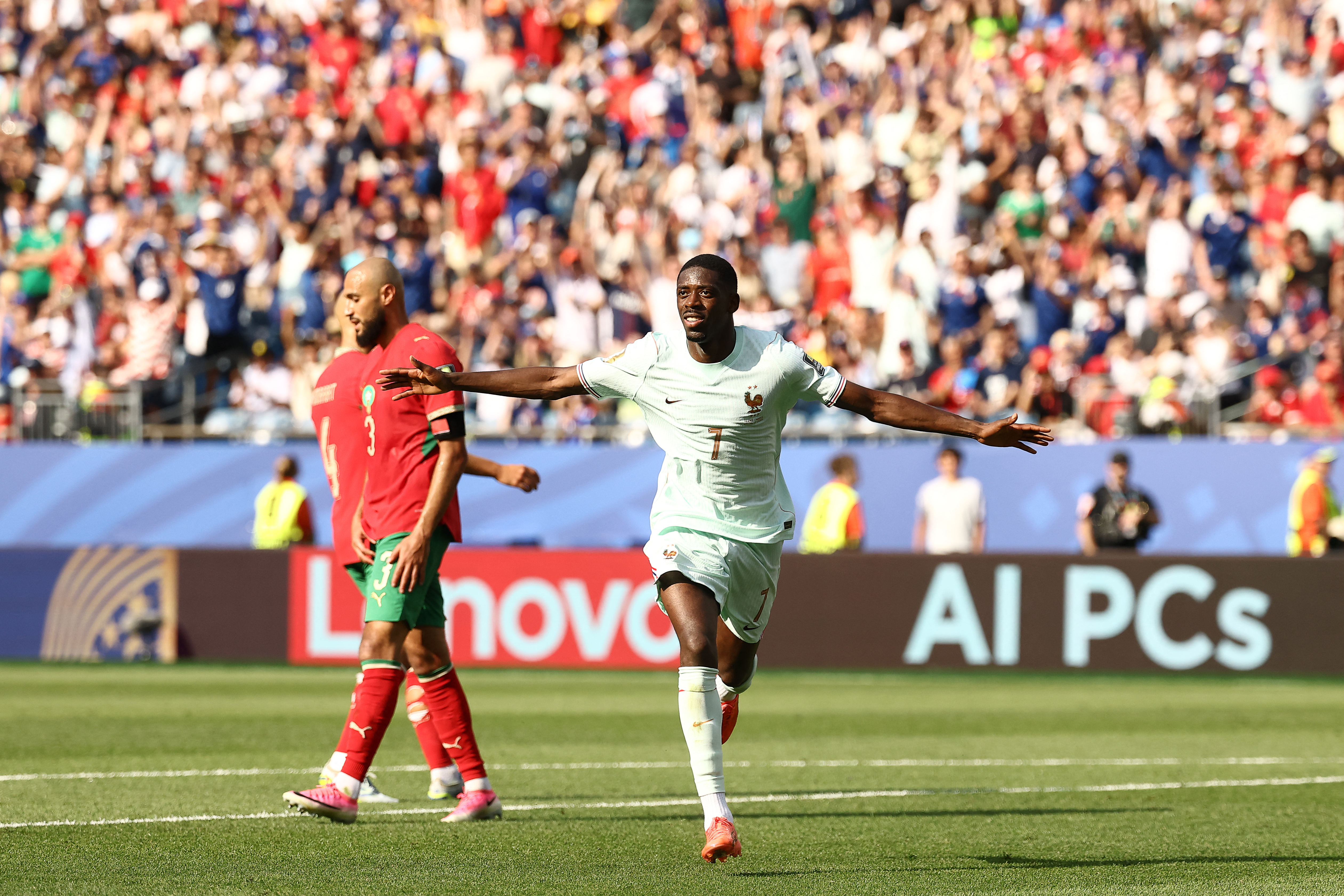 France's forward #07 Ousmane Dembele celebrates scoring his team's second goal during the 2026 World Cup football tournament quarter-final match between France and Morocco at Boston Stadium in Foxborough on July 9, 2026. (Photo by CHARLY TRIBALLEAU / AFP)