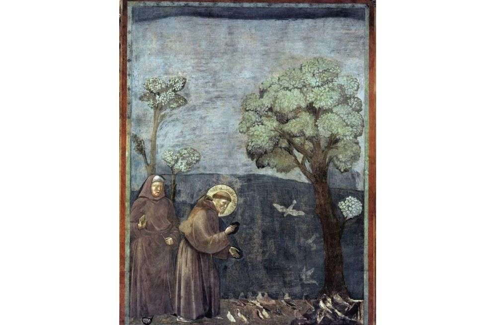 “San Francisco predica a las aves”, fresco en la basílica de Asís, atribuido a Giotto di Bondone (1300).