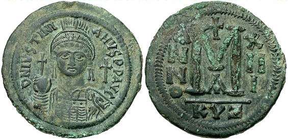 Follis (Bronce, 41.7 mm, 23.22 g) Imperio Bizantino, Justiniano I, 539 – 540 A.D.