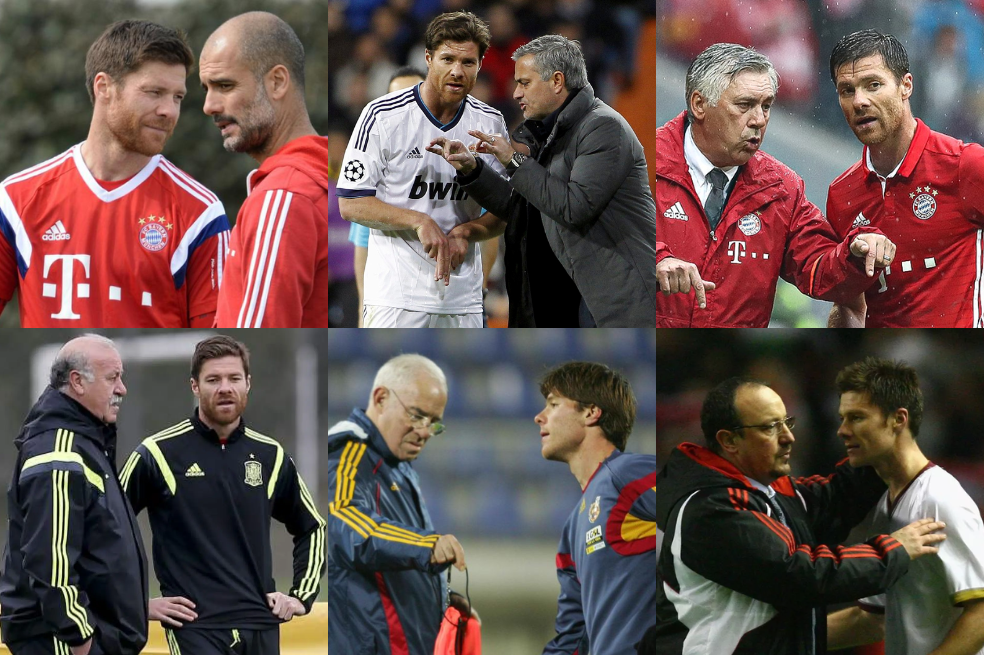 Xabi Alonso tuvo, entre otros entrenadores, la tutoría de Pep Guardiola, José Mourinho, Carlo Ancelotti, Vicente del Bosque, Luis Aragonés o Rafael Benítez.