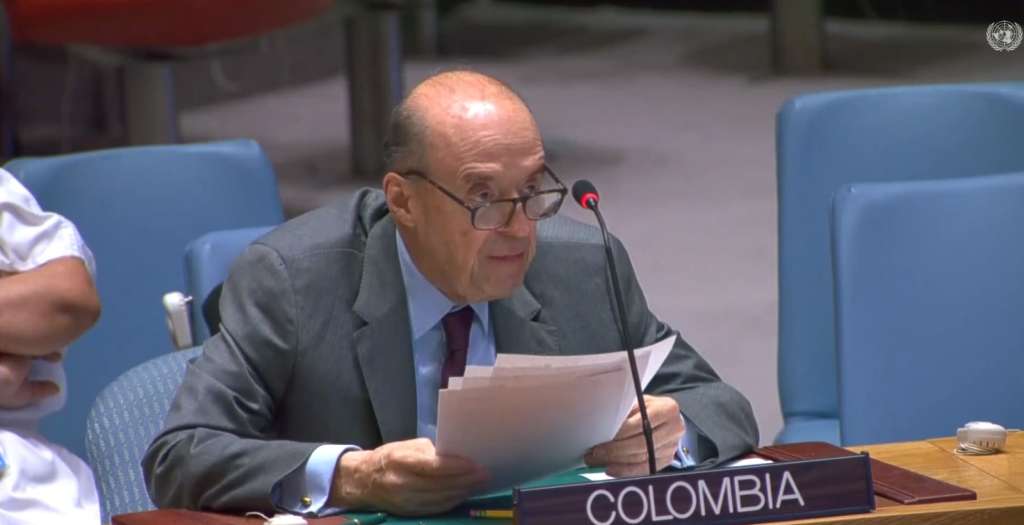 El canciller Álvaro Leyva durante su intervención en el Consejo de Seguridad de la ONU el 12 de julio de 2023.