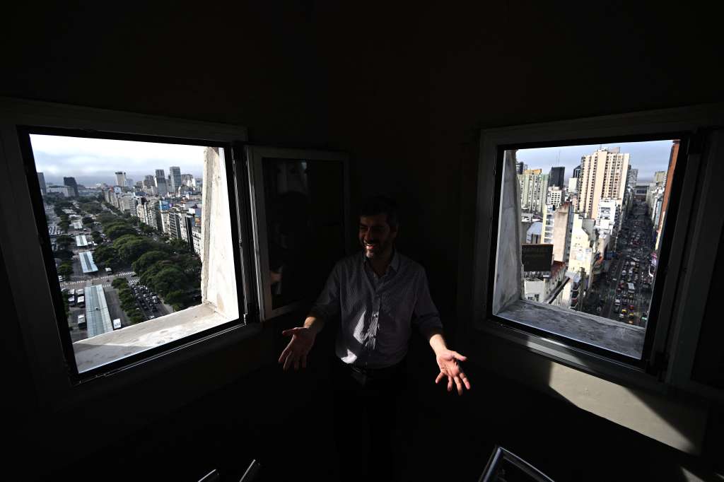 Juan Vacas, undersecretary of urban landscape for the city of Buenos Aires, speaks during an interview with AFP from the Obelisk observation deck in Buenos Aires on May 8, 2025.