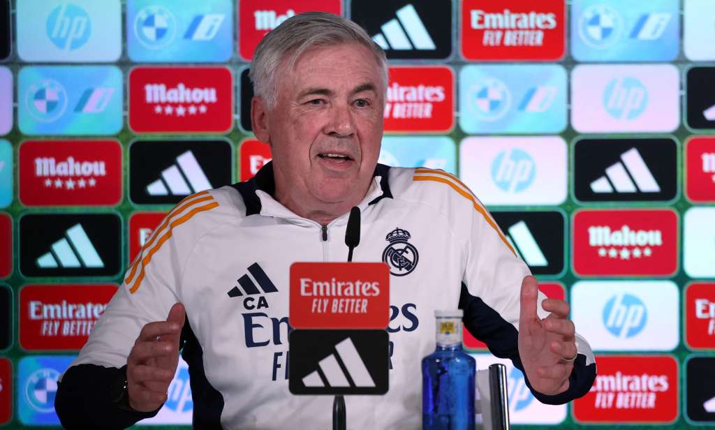 Real Madrid’s Italian coach Carlo Ancelotti gives a press conference at Real Madrid Sports City in Valdebebas ahead of their Liga football match against Mallorca, in Madrid on May 13, 2025. (Photo by Thomas COEX / AFP)