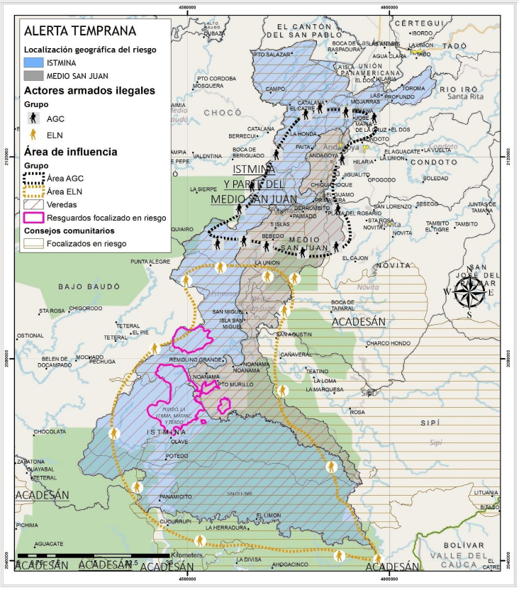 Posicionamiento del Eln (amarillo) y de las Agc (negro) en el sur del Chocó.