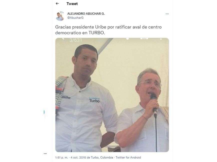 Alejandro Abuchar fue elegido alcalde de Turbo para el periodo 2016 - 2019, por una coalición del Centro Democrático y el Partido Conservador.