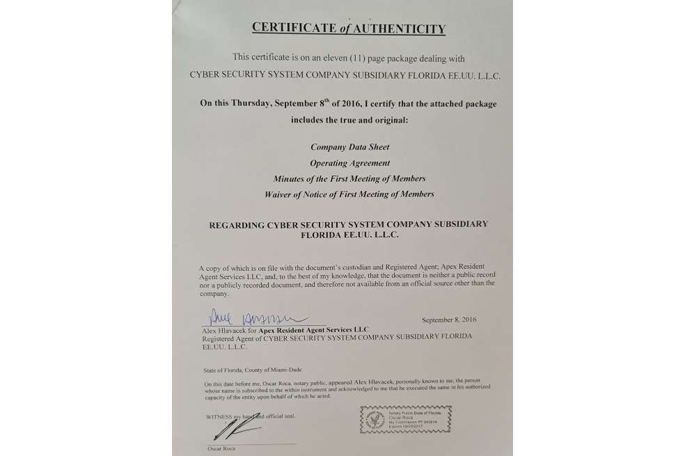 Esta es una página del certificado de autenticidad de Cyber Security System Company Subsidiary Florida EE.UU. LLC, que ha exhibido Junco a los medios de comunicación.