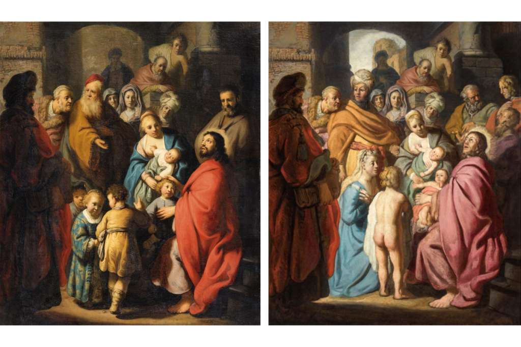 A la izquierda, está la versión de "Dejad que los niños vengan a mí" encontrada en 2014. A la derecha, está la versión original pintada por Rembrandt en 1627.