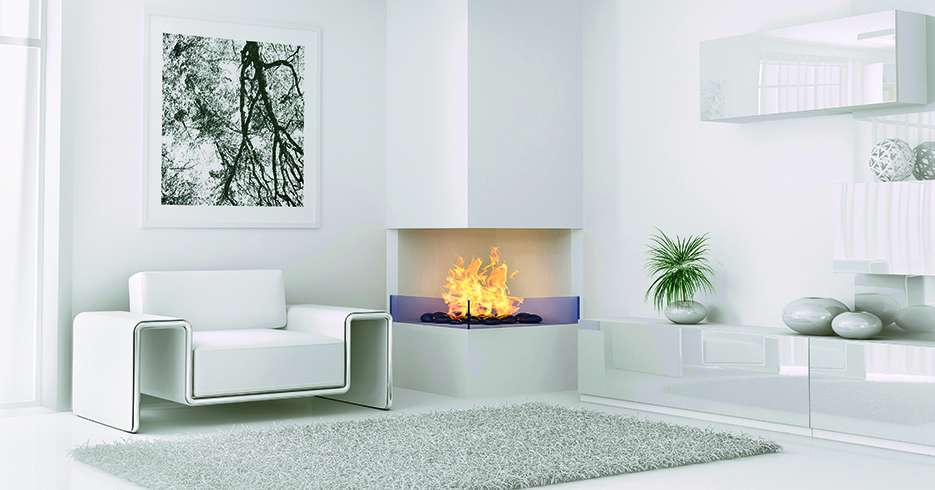 Interior of modern white room with armchair and fireplace 3d render