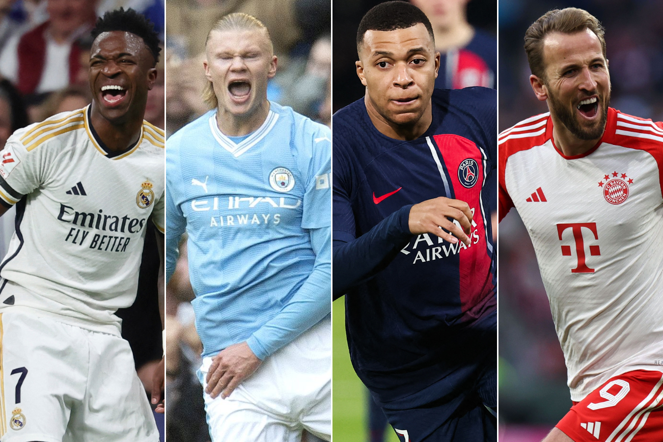Vinicius Jr. (Real Madrid), Erling Haaland (Manchester City), Kylian Mbappé (PSG) y Harry Kane (Bayern Múnich).