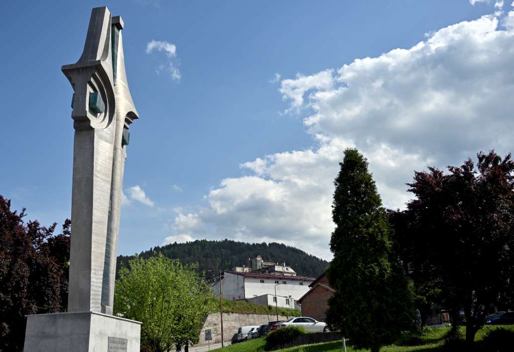 A monument dedicated to Bosnian-Serb fighters is seen in the center of Eastern-Bosnian town of Foca, on May 20, 2025.