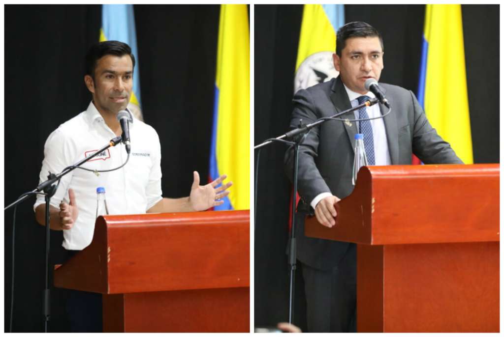 El gobernador de Cundinamarca saliente, Jorge Emilio Rey, y el gerente de empresas públicas del departamento, Andrés Díaz, durante la rendición de cuentas. / Cortesía Gobernación de Cundinamarca