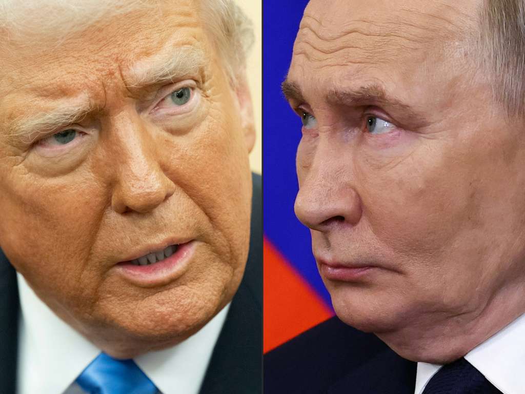 (COMBO) This combination of pictures created on February 12, 2025 shows (L-R) US President Donald Trump in Washington, DC, on February 11, 2025 and Russian President Vladimir Putin  in Moscow on January 17, 2025.