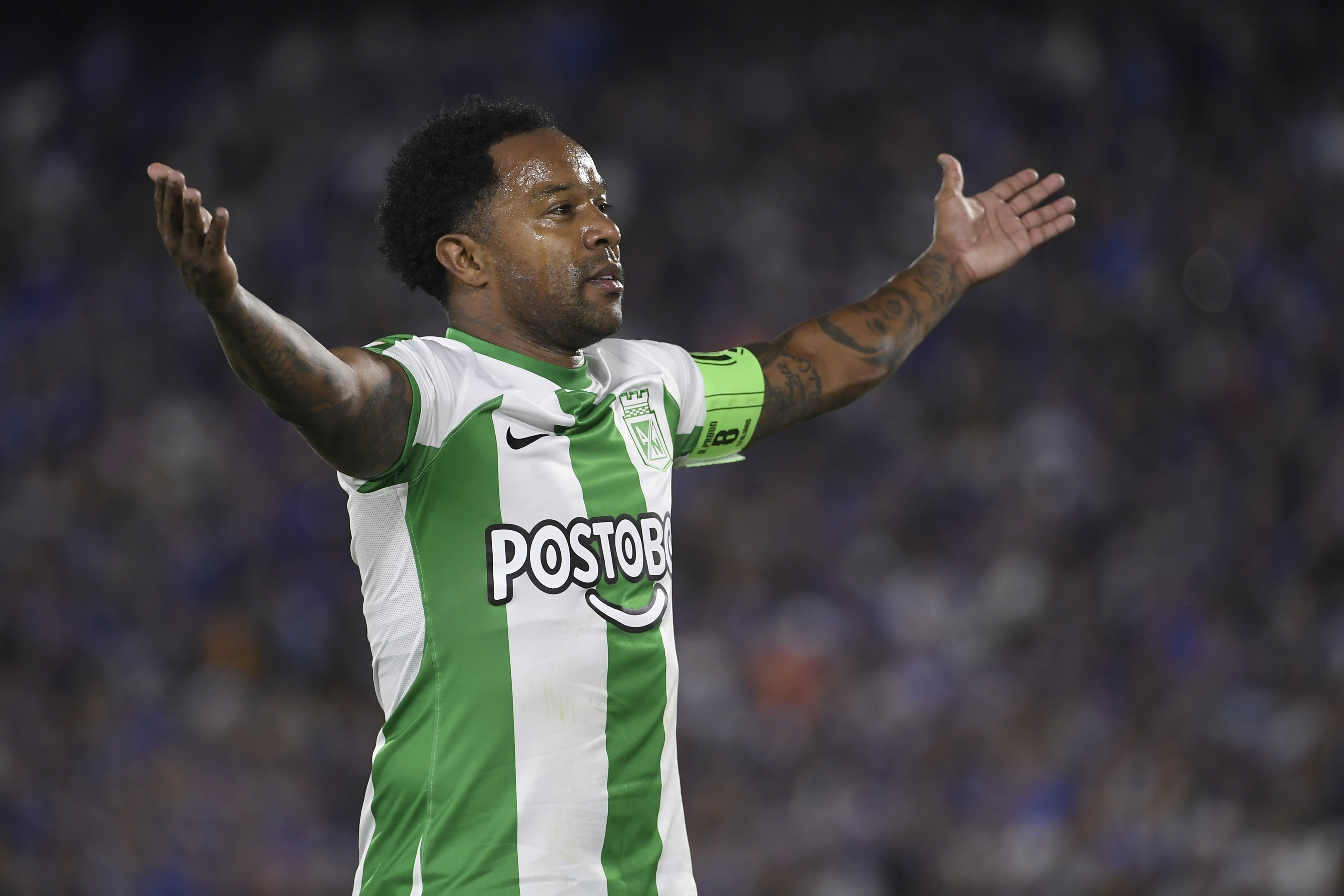 Futbolista colombiano, extremo de Atlético Nacional, en el partido de ida ante Millonarios por la final de la Copa BetPlay Dimayor 2023.