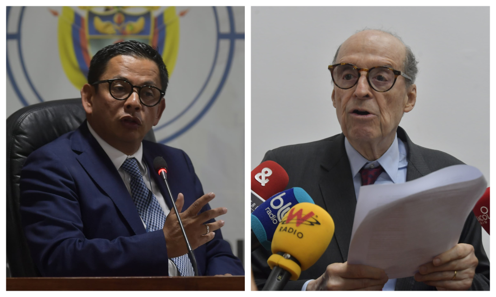Ernesto de Jesús Espinosa (izquierda), uno de los procuradores que juzgó al excanciller Álvaro Leyva (derecha) en primera instancia.