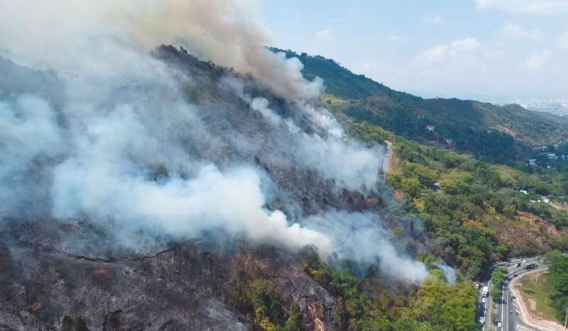 En Ruitoque, jurisdicción del municipio de Floridablanca, Santander, las llamas han consumido más de 120 hectáreas desde que empezó la conflagración el fin de semana. / Vanguardia