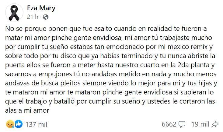 María Isabel, mejor conocida como Eza Mary, se pronunció sobre el asesinato de su esposo el pasado domingo.
