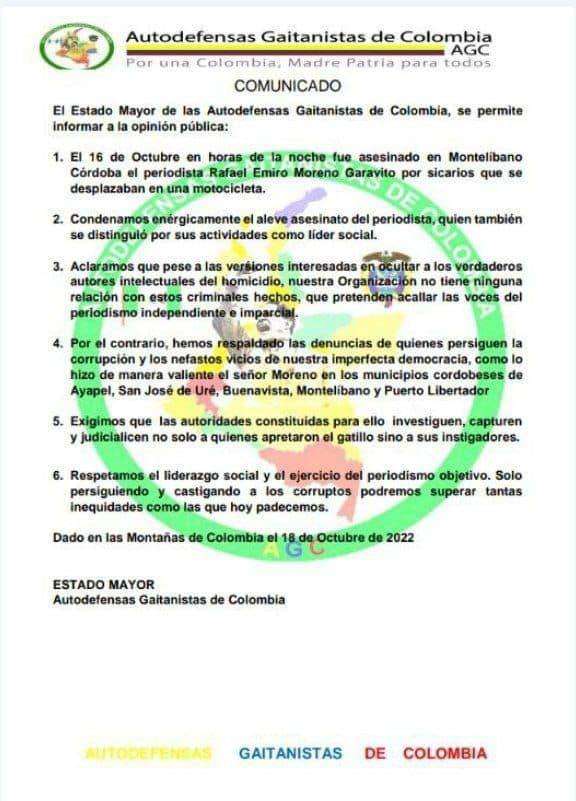 El 18 de octubre de 2022 el Clan del Golfo negó la autoría del asesinato del periodista Rafael Emiro Moreno.